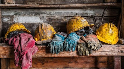Worn Safety Gear: Dusty Helmets, Gloves, and Cloth on Wooden Shelf