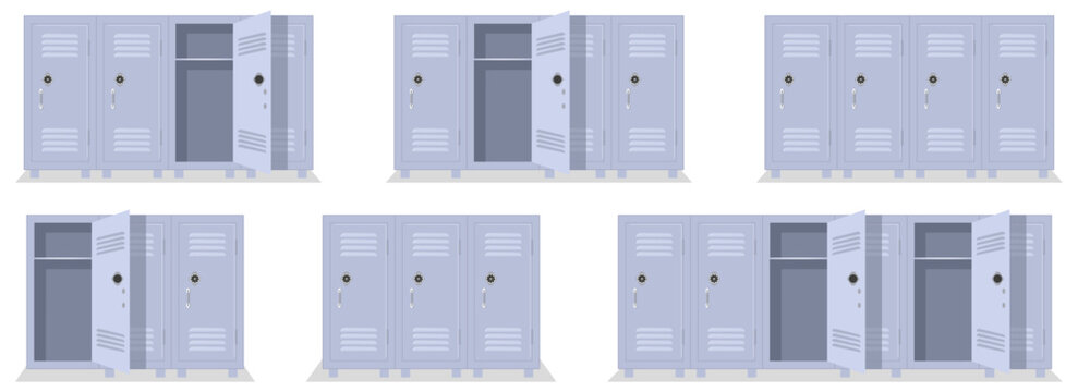 Locker cabinets with open and closed doors. Set of metal storage locker with different open and closed door variations