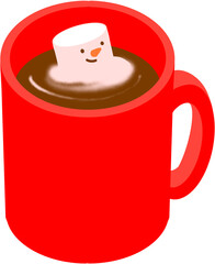 겨울 일러스트. 머그컵 안에 눈사람 모양의 마시멜로우가 코코아, 핫초코에 녹고 있다. 