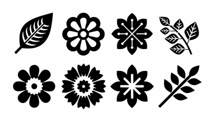 Illustration of eight black botanical elements including flowers leaves and branches in a row on white background
