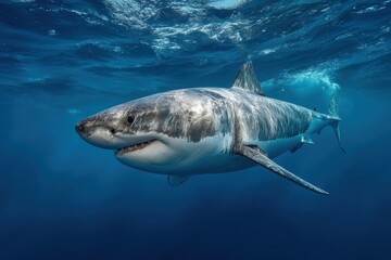 Naklejka premium Majestic Great White Shark - Apex Predator of the Ocean with a Lifespan of 70 Years and a Length of 21 Feet