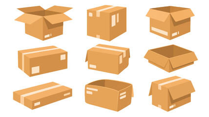 Nine cardboard boxes in various open and closed states shipping boxes packaging