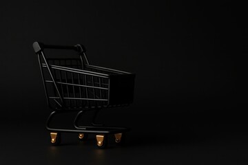 Black shopping cart with golden wheels on dark gradient background, minimal modern ecommerce symbol for UX design and sale promotion with copy space