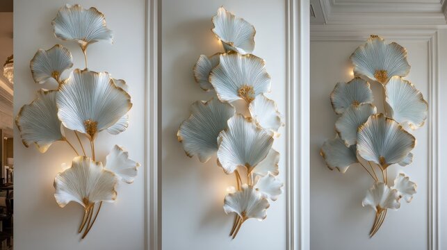 An elegant wall decoration, resembling stylized flowers with golden accents and soft light