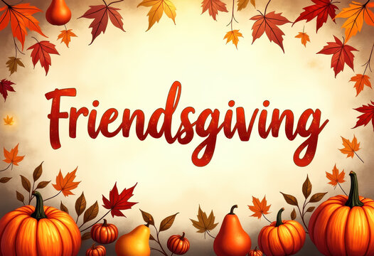 Friendsgiving celebration with autumn leaves and pumpkins for seasonal greeting card design