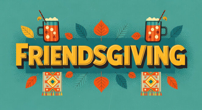 Friendsgiving celebration design with autumn leaves and festive drinks