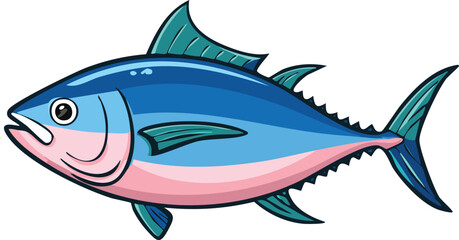 A vibrant cartoon illustration of a bluefin tuna, showcasing its sleek body and distinctive features.