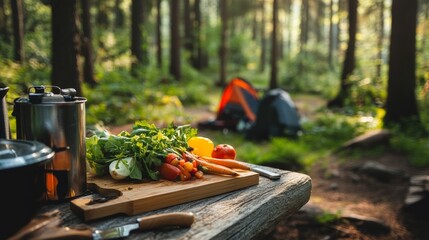 outdoor camping meal prep, chopping vegetables on wooden board, forest background, organized gear layout