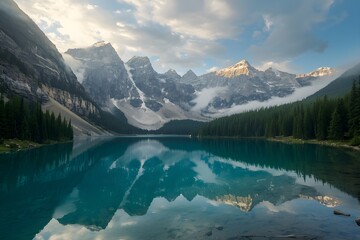 Fototapeta premium Pristine Alpine Lake Reflection – Majestic Mountains & Serene Wilderness Landscape.