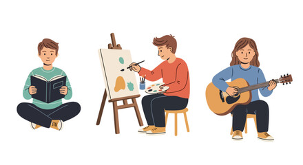 Diverse Creative Activities Illustration: Reading, Painting, and Playing Music, Perfect for Educational Resources, Hobby Guides, and Lifestyle Content Depicting Self-Expression