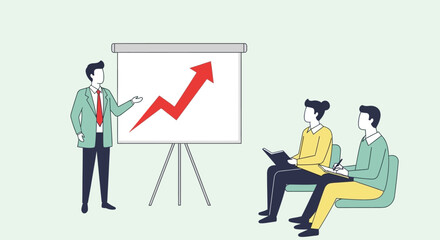 A businessman presenting a financial growth chart to a seated audience during a meeting.