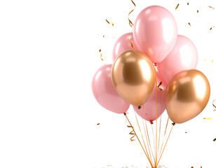 Bunch of Pink Balloons Surrounded by Gold and Silver Confetti, Front View, Isolated on Transparent Background