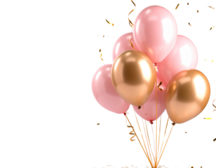 Bunch of Pink Balloons Surrounded by Gold and Silver Confetti, Front View, Isolated on Transparent Background