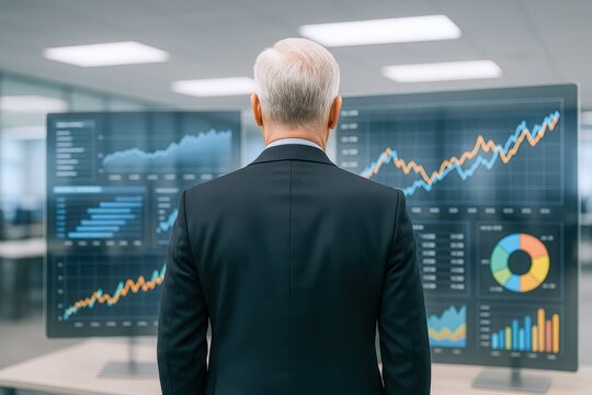 Senior Businessman Analyzing Financial Data on Large Screens in Modern Office Environment from Behind