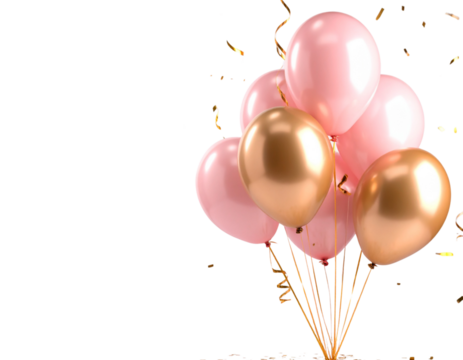 Bunch of Pink Balloons Surrounded by Gold and Silver Confetti, Front View, Isolated on Transparent Background