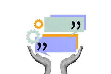 Sketch image artwork trend collage of hands show bubble communication speech icon gearwheel notification talk chatterbox