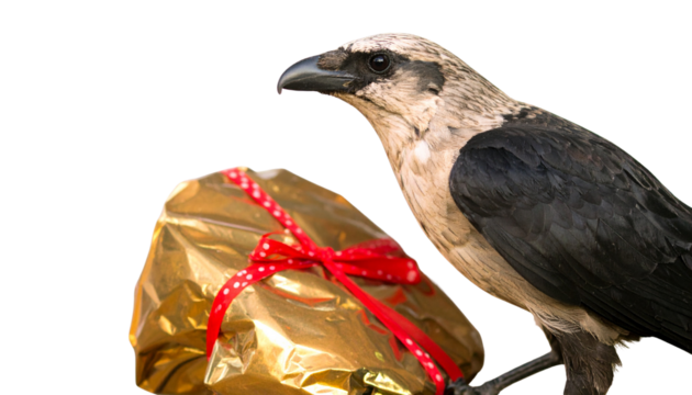 Crow holding shiny object in beak intelligent behavior isolated on transparent background.