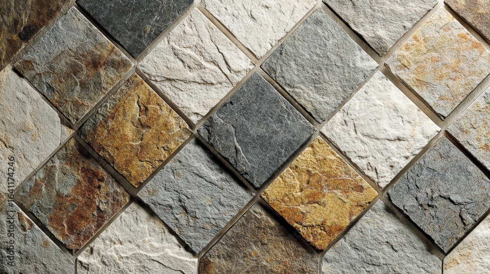 Poster rustic stone cladding with diamond pattern: a textured, multi-colored architectural design element f