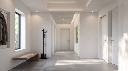 Modern, minimalist hallway with natural light and coat rack
