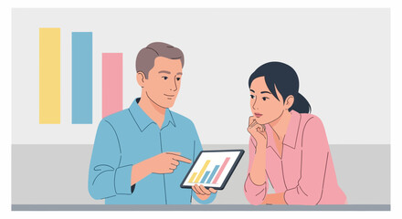 Two colleagues review data on a tablet, discussing business metrics.