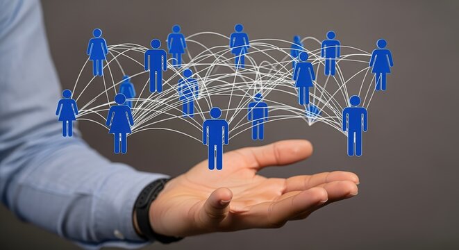 Businessperson Presenting a 3D Network of People Icons in Their Palm, Representing Connectivity and Communication - Powered by Adobe
