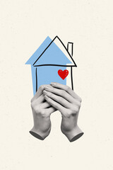 Banner image zine art pop trend collage of human hands hold home icon heart relocation refugee love settlement immigration