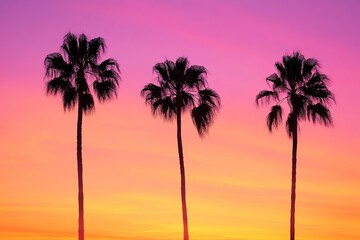 Naklejka premium Palm trees silhouette against vibrant tropical sunset sky