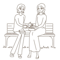 公園で二人の女性がお弁当を広げている線画イラスト