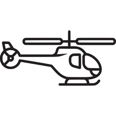 Helicopter icon isolated on white background, a minimalist outline illustration of an aircraft for transportation, travel, and emergency rescue, perfect for graphic design and logos