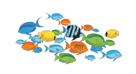 Naklejka premium Vibrant school of tropical fish illustration isolated against white background