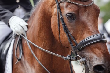 Obraz premium Jockey Prepares Horse for Equestrian Ride. Close-Up on Equipment and Snout in Competitive Sport Setting