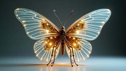 Magical glowing mechanical butterfly with intricate details and illuminated wings