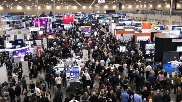 Busy trade show: tech and innovation on display. A large crowd interacts with vendors, exploring the exhibition hall.