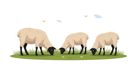 Obraz premium Grazing trio: A pastoral scene of sheep feeding on a serene meadow