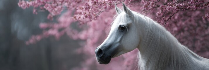 Elegant White Arabian Horse Amidst Blooming Pink Trees in a Serene Spring Garden