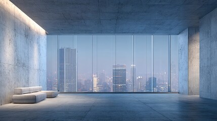 Fototapeta premium Modern Interior with City View: Concrete Walls, Minimalist Design, Spacious Room, and Large Window Overlooking Urban Skyline