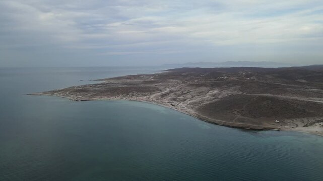Aerial view of El Tecolote beach on the Baja California Sur peninsula, in La Paz, Mexico.