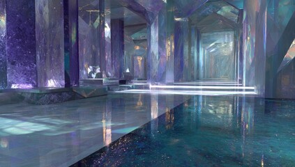Obraz premium Crystal Palace Interior Reflective Floor, Iridescent Walls, Background Depth, Fantasy Setting