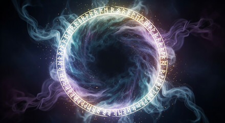 Mystical glowing rune circle with nebula and smoke effect, representing magic and cosmic energy