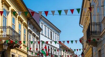 Colorful historic buildings adorned with Hungarian flag bunting under a clear blue sky