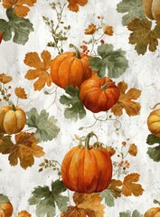 An eye-level shot showcases a vibrant arrangement of pumpkins amidst a backdrop of autumnal foliage, creating a visually appealing composition with rich colors and textures.