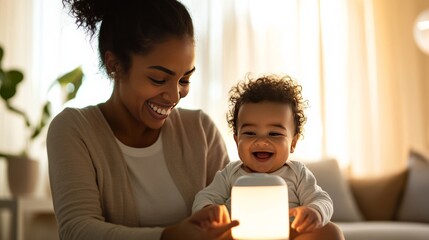 parent using child health monitor at home, wearable on baby, smart nursery environment,