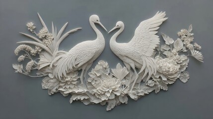 Two elegant white cranes amidst sculpted floral designs against a muted blue background