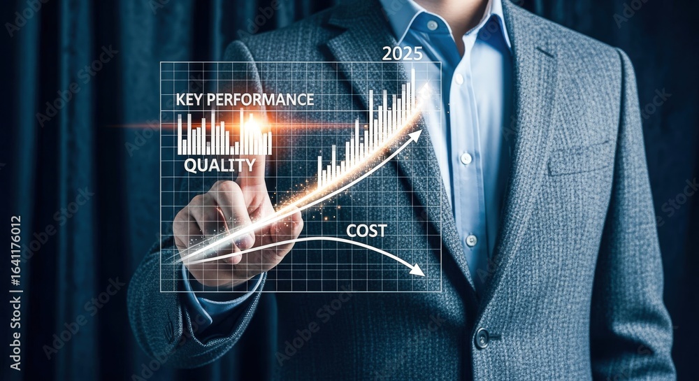 Poster business growth and performance analysis with projected data, focused on quality and cost efficiency