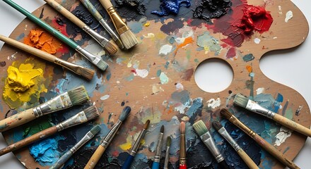 Fototapeta premium An artist's palette, a symphony of colors blending on the wood, surrounded by brushes ready to
