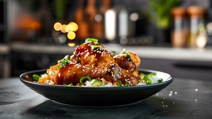 photograph of a dark plate of cooked rice with chicken drumsticks coated in thick sticky soy sauce and topped with sesame seeds. A dark kitchen in the 
