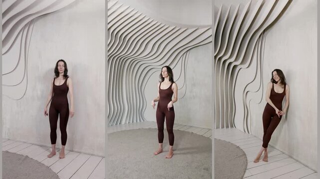 A series of three pictures: a woman posing with her eyes closed, a slight smile, soft light, beige background waves.
