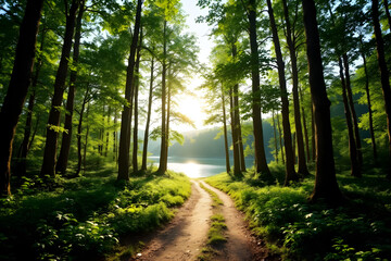 Obraz premium Sunlit Path Through Serene Forest Leading to Tranquil Lake Scene