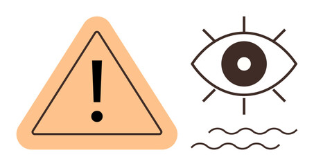 Triangular warning sign with exclamation point, stylized eye with rays, wavy lines below. Ideal for safety, caution, observation, awareness, vigilance warnings security. A simple flat metaphor