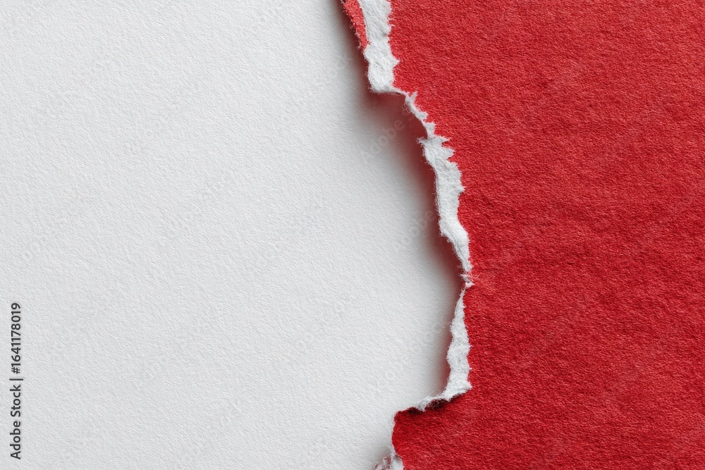Poster torn red paper revealing white background texture with rough edges